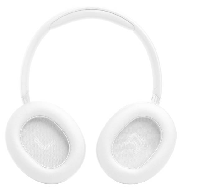 Weiße Over-Ear-Kopfhörer mit schlankem, minimalem Design. In jedem Ohrpolster sind „L" und „R" gekennzeichnet, um die linke und rechte Seite anzuzeigen.