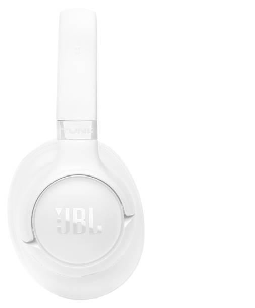Weiße JBL-Kopfhörer zum Überziehen über die Ohren, die das Ohrmuschel- und Kopfband in minimalistischem Design vor einem einfachen Hintergrund zeigen.