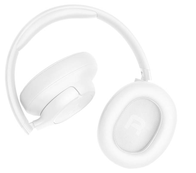 Weiße Over-Ear-Kopfhörer mit "R" gekennzeichnet auf der Innenseite der rechten Ohrmuschel.
