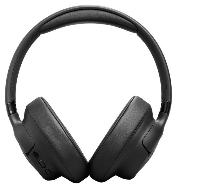 Ein Paar schwarze kabellose Over-Ear-Kopfhörer auf weißem Hintergrund.