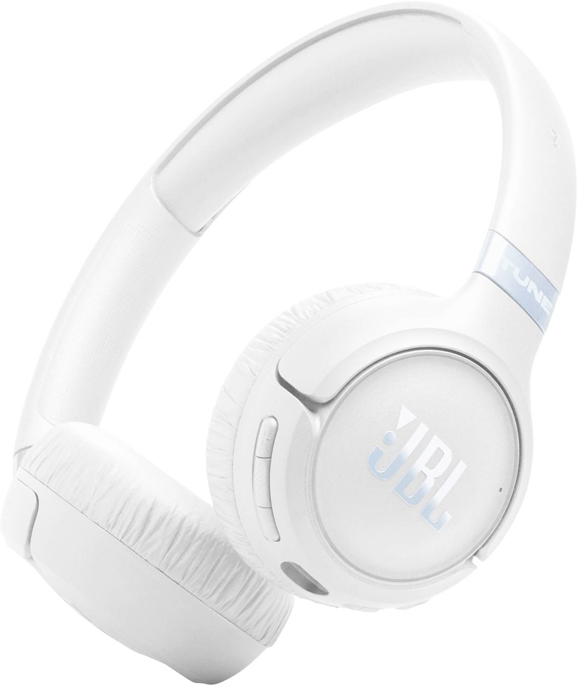 Weiße Over-Ear-Kopfhörer mit JBL-Logo auf den Ohrmuscheln, mit gepolsterten Ohrpolstern und Bedienungstasten an der Seite.