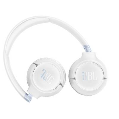 Weiße Over-Ear-Kopfhörer mit elegantem Design, mit subtilen blauen Akzenten und dem Markenlogo auf den Ohrmuscheln.