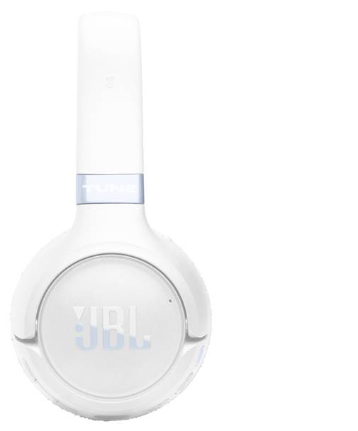 Weiße JBL-Over-Ear-Kopfhörer mit einem „TUNE"-Etikett auf dem Kopfbügel, mit schlankem Design und sichtbarem Markenlogo auf der Ohrmuschel.