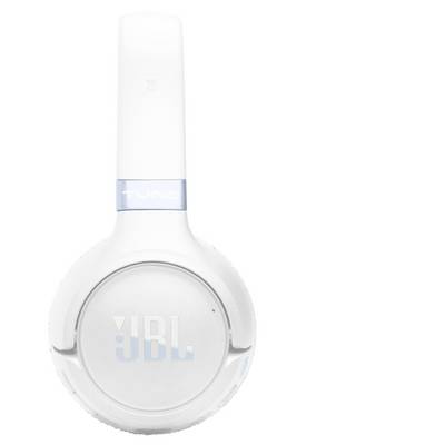 Weiße JBL-Over-Ear-Kopfhörer mit einem „TUNE"-Etikett auf dem Kopfbügel, mit schlankem Design und sichtbarem Markenlogo auf der Ohrmuschel.