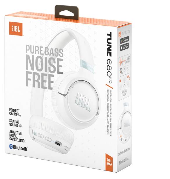 Die Verpackung der JBL Tune 680 NC Kopfhörer zeigt den Text „Pure Bass Noise Free" und hebt Funktionen wie adaptive Geräuschunterdrückung hervor.