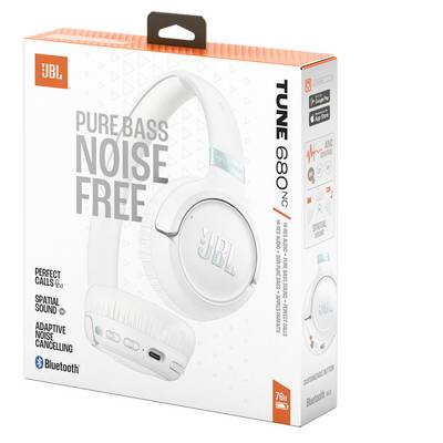 Die Verpackung der JBL Tune 680 NC Kopfhörer zeigt den Text „Pure Bass Noise Free" und hebt Funktionen wie adaptive Geräuschunterdrückung hervor.