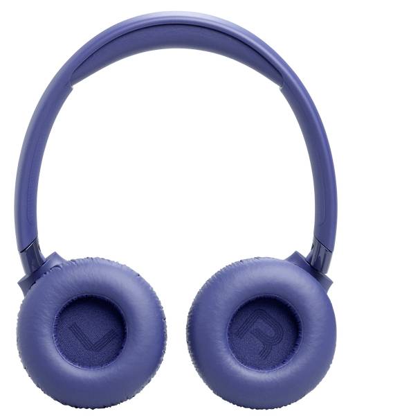 Blaue kabellose Over-Ear-Kopfhörer mit gepolsterten Ohrpolstern, die mit „L" und „R" für links und rechts gekennzeichnet sind.