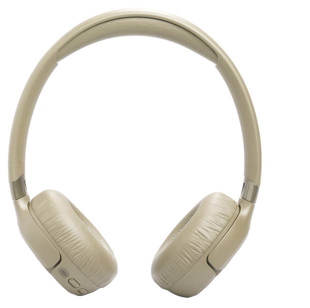 Beigefarbene Over-Ear-Kopfhörer mit Wireless-Funktion, gepolsterten Ohrpolstern und Bedienschaltflächen an der Seite.