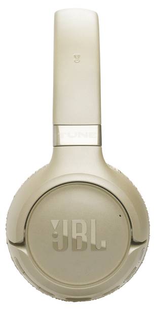 Goldene JBL Kopfhörer zum Überziehen mit gepolsterten Ohrmuscheln, Kopfbügel mit „Tune"-Branding, Nahaufnahme von der Seite.