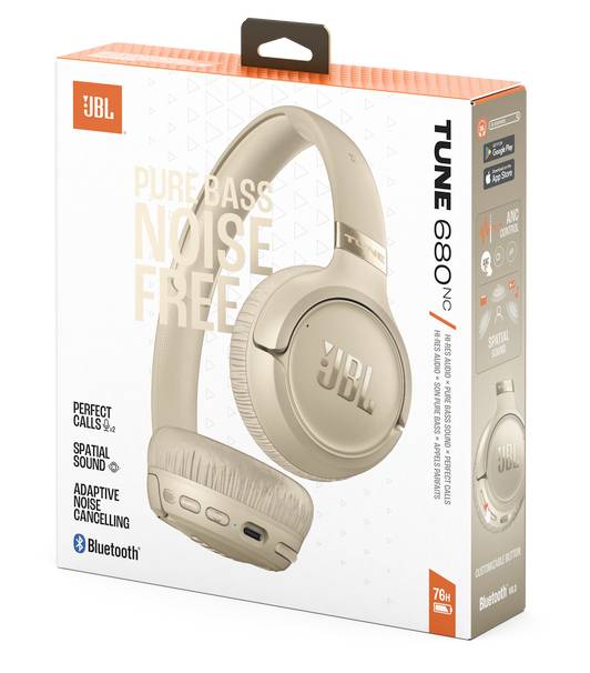 Schachtel mit JBL Tune 680NC Kopfhörern in Beige mit Noise Cancelling, Bluetooth und reinem Bassklang. Die Verpackung enthält das Produktbild und die wichtigsten Funktionen.