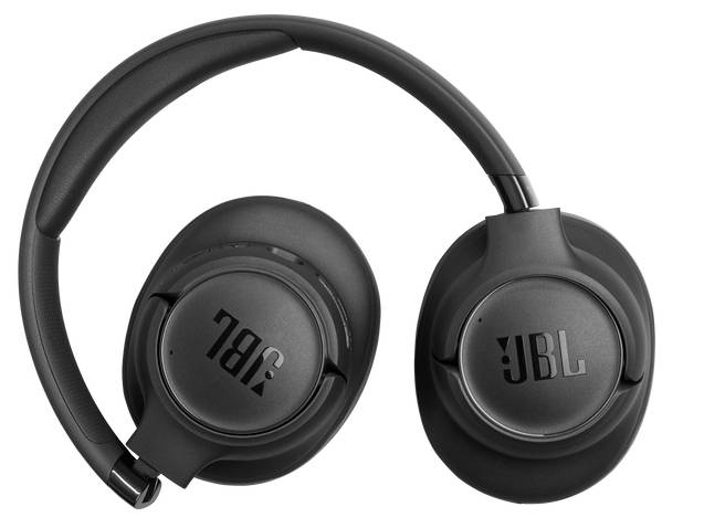 Schwarze kabellose JBL-Kopfhörer zum Überziehen mit gepolsterten Ohrmuscheln, flach zusammengeklappt.