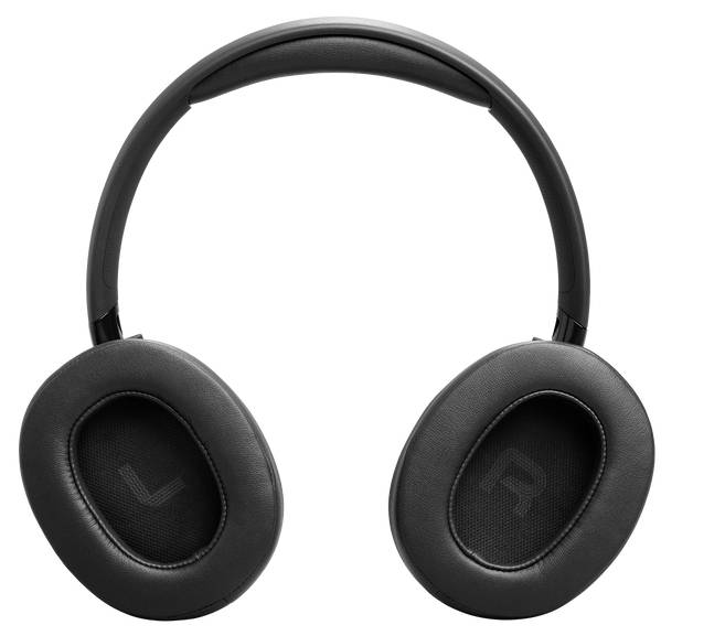 Schwarze Over-Ear-Kopfhörer mit gepolsterten Ohrpolstern, von vorne gezeigt, um die Links- und Rechts-Indikatoren in jedem Ohrstück anzuzeigen.