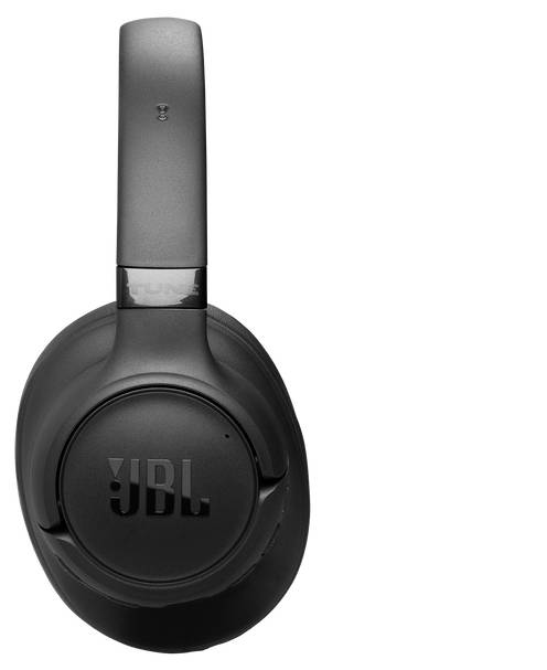 Schwarze JBL-Kopfhörer mit Overbügel, gezeigt vor weißem Hintergrund, mit einfachem und elegantem Design.