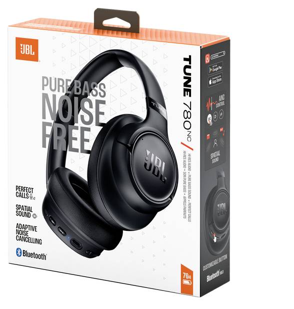"JBL Tune 780NC" kabellose Kopfhörer-Verpackung mit dem Slogan "Pure Bass, Noise Free". Hebt die Geräuschunterdrückung, räumlichen Sound und Bluetooth-Funktionen hervor.