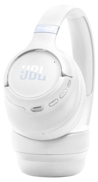 Weiße Over-Ear-Kopfhörer mit "JBL"-Logo auf der Ohrmuschel, mit Bedienelementen an der Seite.
