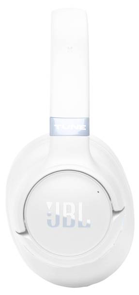 Weiße JBL-Kopfhörer zum Überziehen, Modell „Tune", mit weicher Polsterung und schlankem Design, auf denen das Markenlogo auf der Ohrmuschel zu sehen ist.