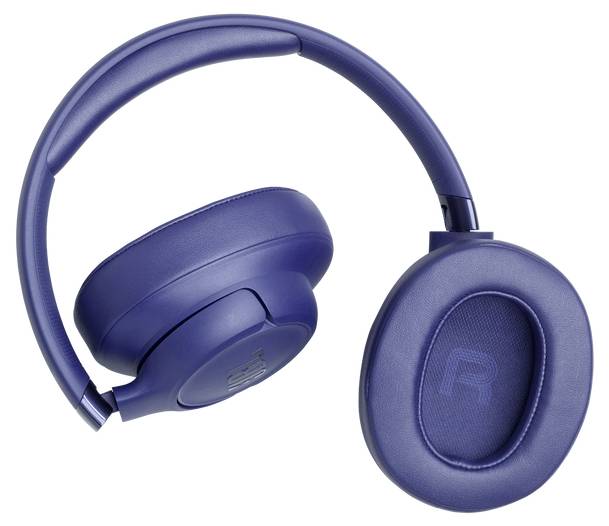 Blaue Over-Ear-Kopfhörer mit gepolsterten Ohrmuscheln, von der Seite dargestellt.