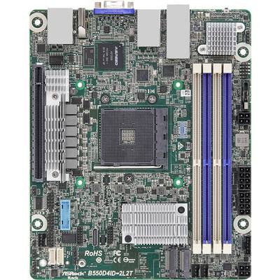 Eine grüne Computer-Motherboard mit verschiedenen Steckplätzen, Anschlüssen und Komponenten, einschließlich RAM-Steckplätzen und einem CPU-Sockel, mit der Bezeichnung 'ASRock B550D4ID-2L2T'.