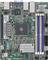 Eine grüne Computer-Motherboard mit verschiedenen Steckplätzen, Anschlüssen und Komponenten, einschließlich RAM-Steckplätzen und einem CPU-Sockel, mit der Bezeichnung 'ASRock B550D4ID-2L2T'.