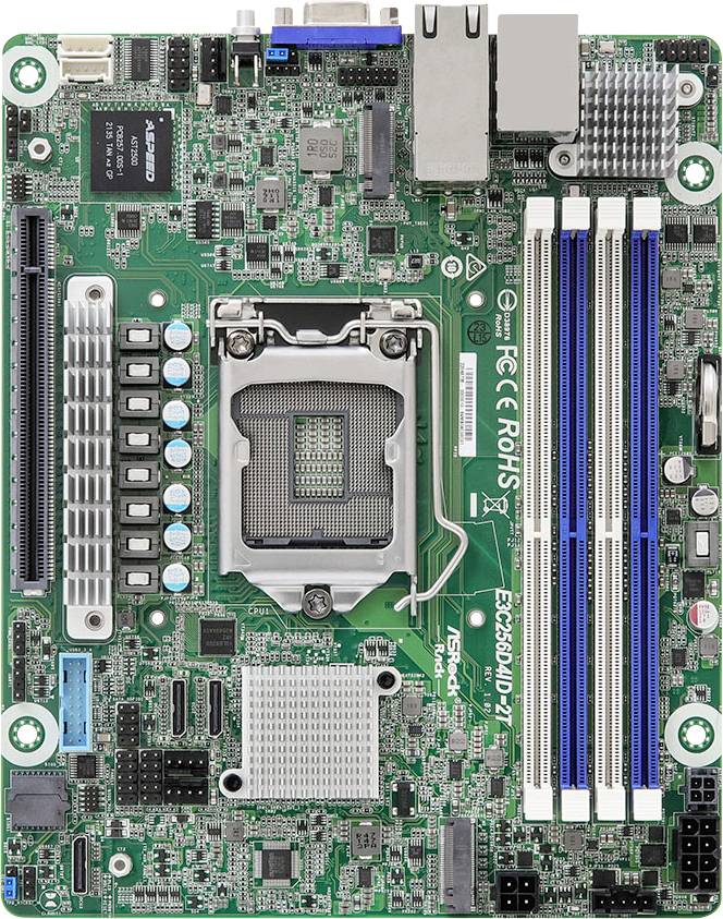 Eine grüne Computerplatine mit verschiedenen Komponenten, einschließlich RAM-Steckplätzen, einem CPU-Sockel und Anschlüssen, die für ein MicroATX-Gehäuse entwickelt wurde.