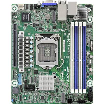 Eine grüne Computerplatine mit verschiedenen Komponenten, einschließlich RAM-Steckplätzen, einem CPU-Sockel und Anschlüssen, die für ein MicroATX-Gehäuse entwickelt wurde.