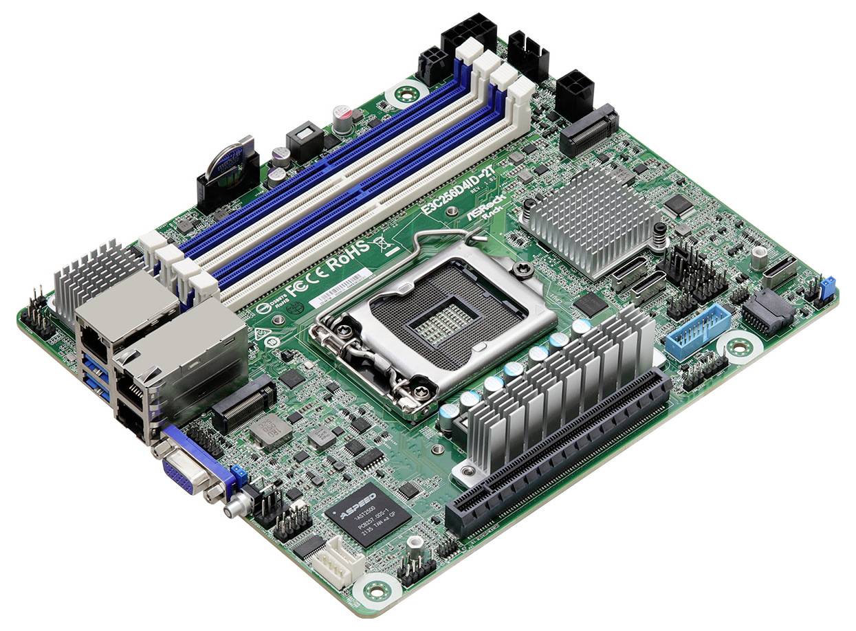 Eine Computermotherboard mit verschiedenen Steckplätzen und Anschlüssen für RAM, CPU und Erweiterungskarten, entwickelt zum Aufbau oder zur Aufrüstung von Computern.