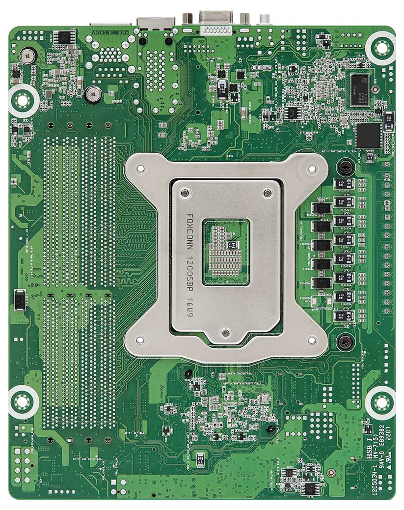 Eine grüne Computerplatine mit verschiedenen Schaltkreisen, Anschlüssen und Komponenten, die einen zentralen CPU-Sockel und mehrere Verbindungspunkte aufweist.