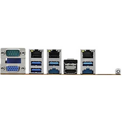 Rückseite eines Computermotherboards mit verschiedenen Anschlüssen: seriell, VGA, USB, Ethernet, HDMI und Audio.