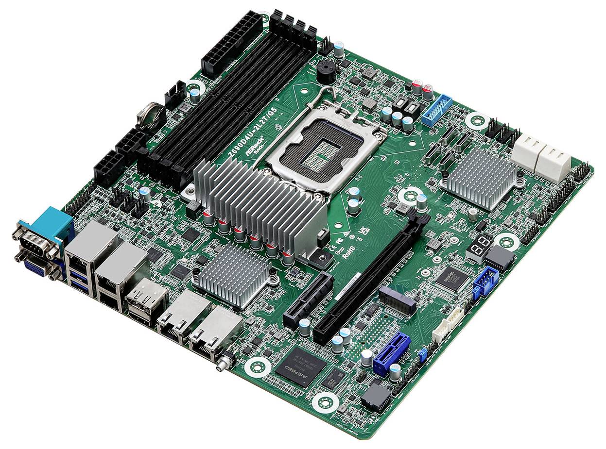 Eine Computermotherboard mit verschiedenen Anschlüssen, Steckplätzen und einem Sockel für die Zentraleinheit (CPU), die für die Integration von Computerhardware entscheidend ist.