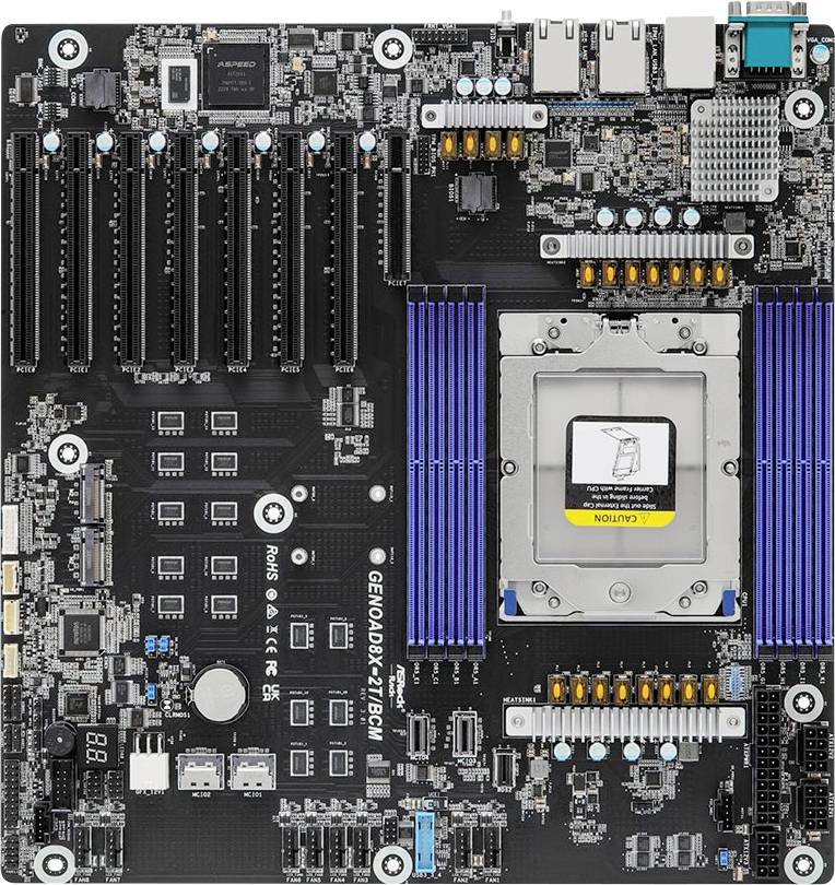 Eine Computermotherboard mit mehreren PCIe-Steckplätzen, RAM-Steckplätzen und einem großen CPU-Sockel. Komponenten und Anschlüsse sind methodisch angeordnet.