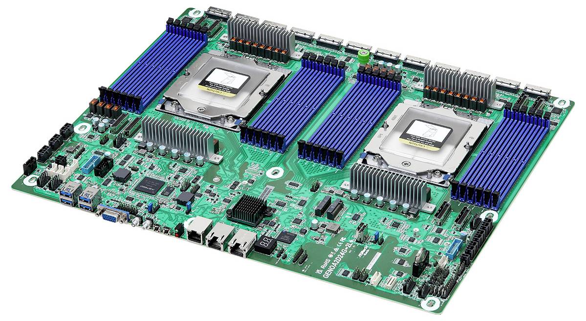 Darstellung einer Computermotherboard mit zwei CPU-Sockeln, blauen RAM-Steckplätzen und verschiedenen Komponenten, die fortschrittliche Rechner-Hardware veranschaulicht.