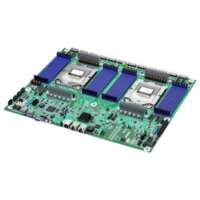 Darstellung einer Computermotherboard mit zwei CPU-Sockeln, blauen RAM-Steckplätzen und verschiedenen Komponenten, die fortschrittliche Rechner-Hardware veranschaulicht.