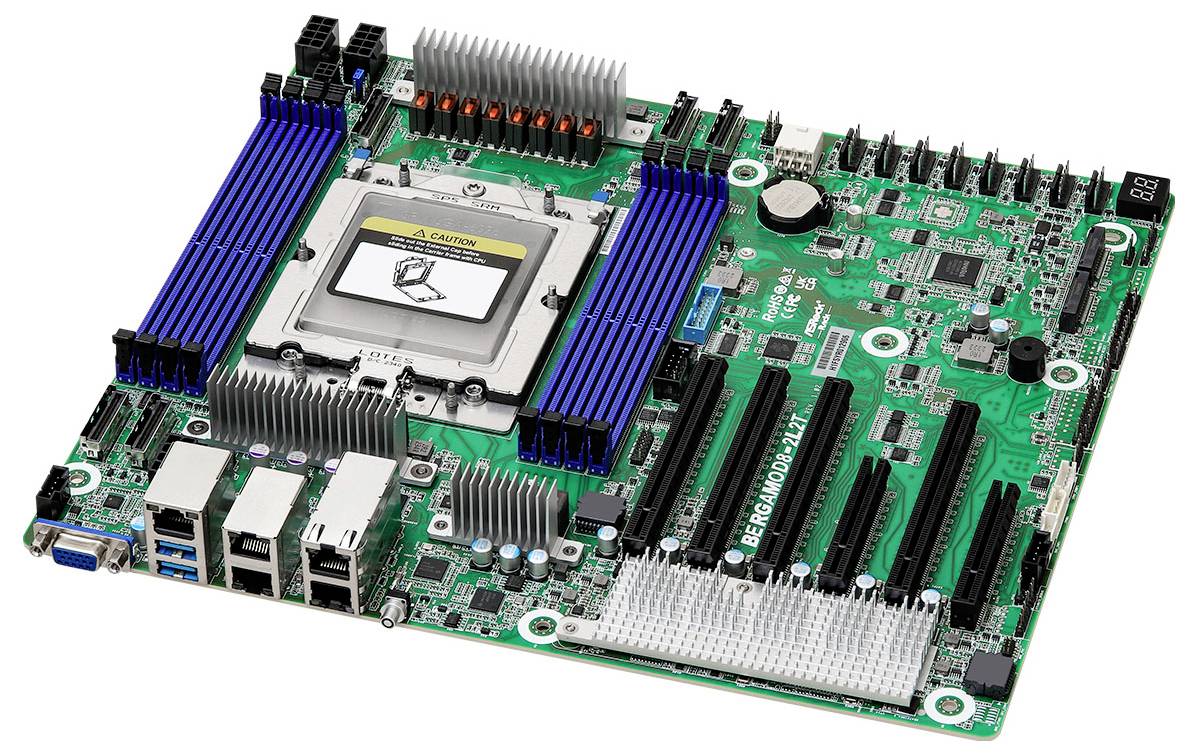 Ein Computermotherboard mit verschiedenen Steckplätzen, Anschlüssen und Komponenten, einschließlich RAM-Steckplätzen, CPU-Sockel, PCIe-Steckplätzen und Stromverbindern.