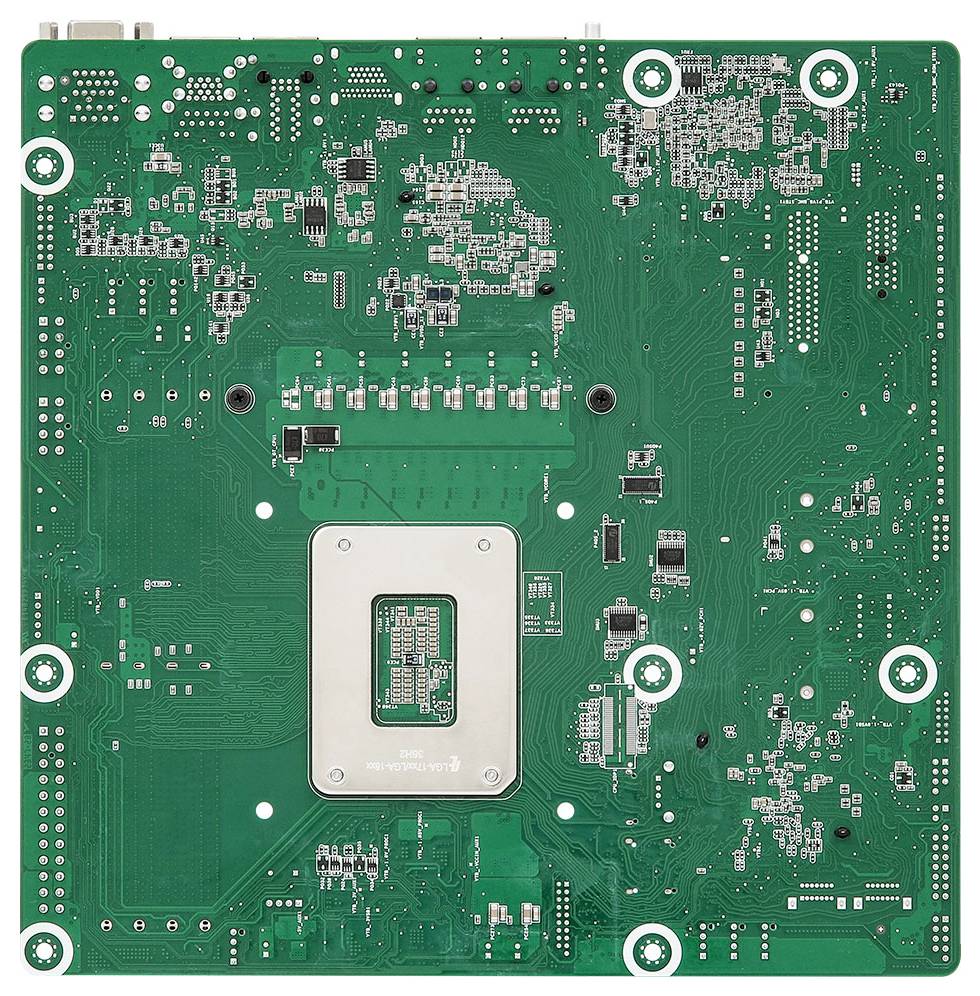 Eine grüne Leiterplatte (PCB) mit verschiedenen elektronischen Komponenten und Anschlüssen, die eine komplexe Schaltkreisstruktur für elektronische Geräte detailliert zeigt.