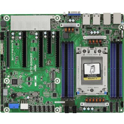 Eine Draufsicht auf ein grünes Computermotherboard mit Hervorhebung mehrerer PCIe-Steckplätze, RAM-Steckplätze und einem großen CPU-Sockel mit einem Warnaufkleber.