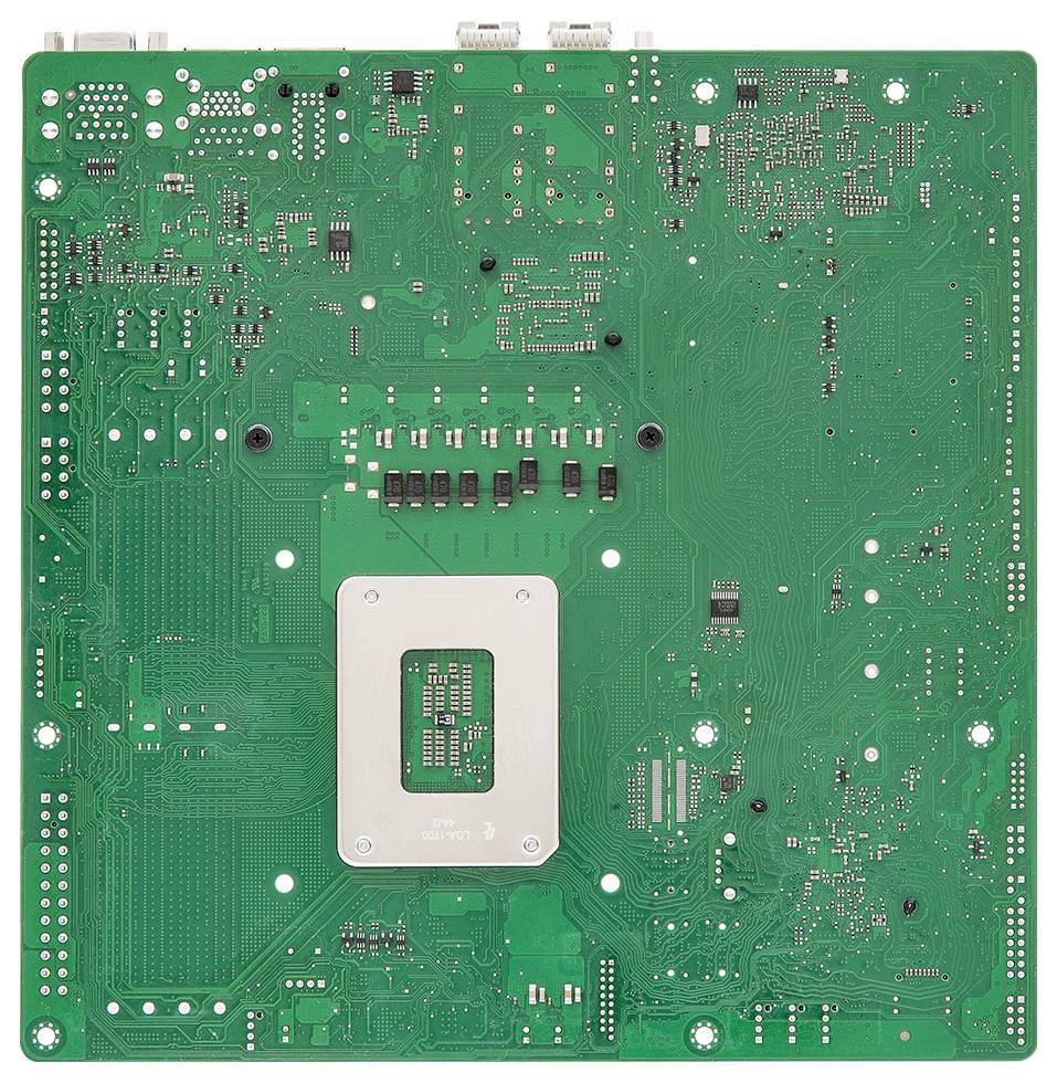 Eine grüne Leiterplatte mit verschiedenen elektronischen Komponenten, Leiterbahnen und einer Metallplatte in der Mitte zur Montage.