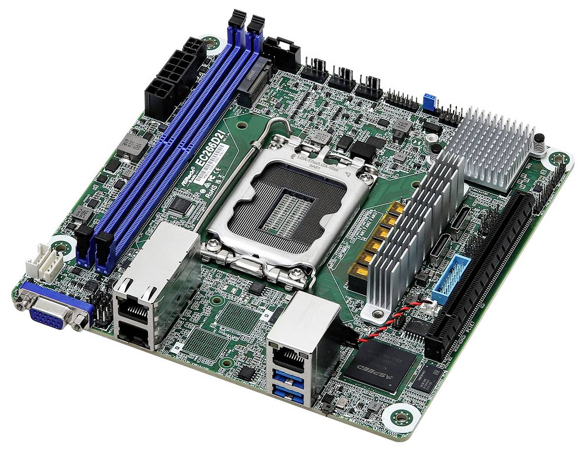 Mainboard mit Prozessorsockel, RAM-Steckplätzen, Kühlkörper, USB- und Netzwerkanschlüssen.