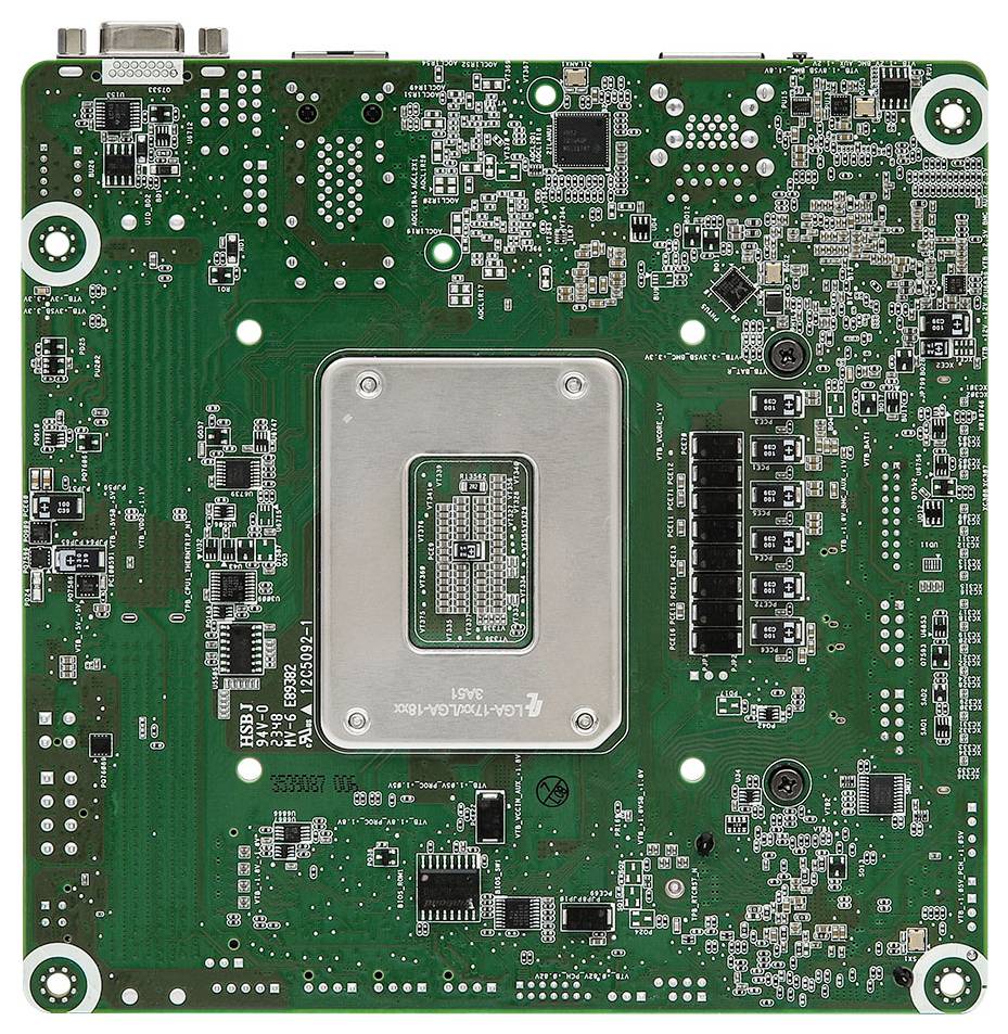 Grüne Computerplatine mit verschiedenen Schaltkreisen, Steckplätzen und einem Sockel für die zentrale Recheneinheit (CPU), von oben betrachtet.