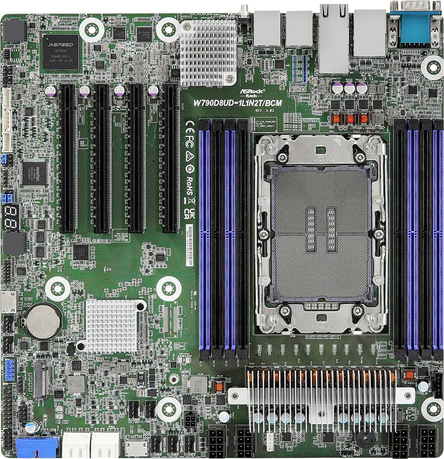 Nahaufnahme einer Computermotherboard mit verschiedenen Komponenten, einschließlich Steckplätzen für RAM, einem großen CPU-Sockel und mehreren Anschlüssen.