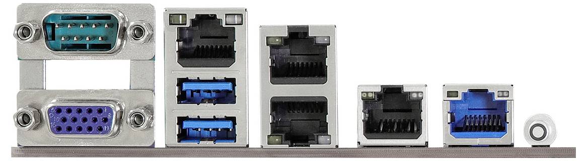Eine Vielzahl von Computeranschlüssen einschließlich serieller, VGA-, USB-, Ethernet- und optischer Audioausgänge, die auf einem Motherboard-Panel dargestellt werden.