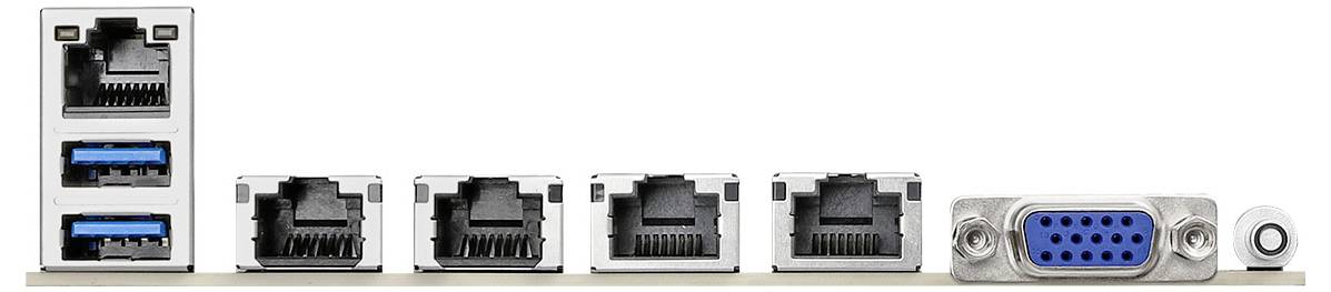 Computeranschlüsse auf einem Mainboard: zwei USB-Anschlüsse, fünf Ethernet-Ports und ein VGA-Anschluss, die für verschiedene Konnektivitätsfunktionen verwendet werden.