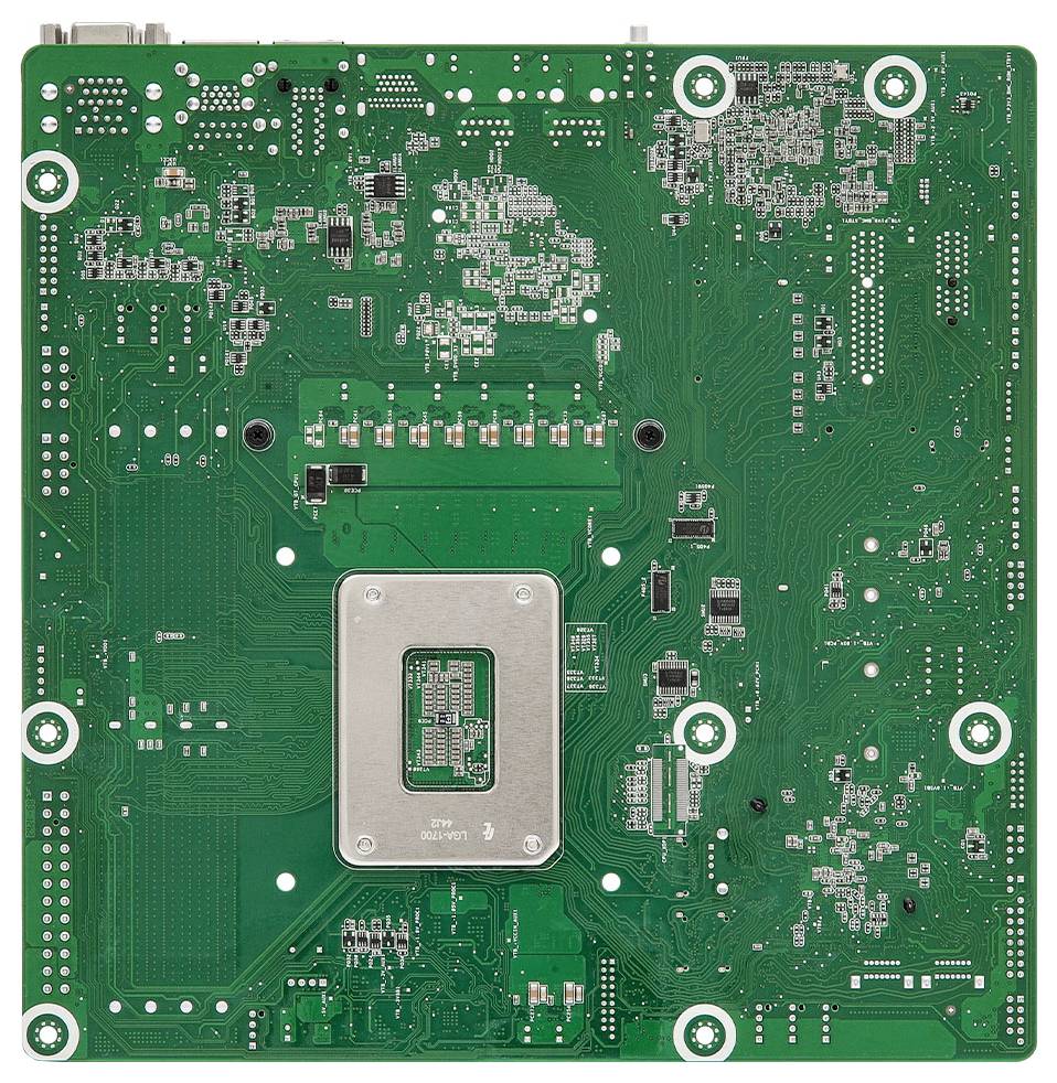 Eine grüne Leiterplatte mit komplexer Schaltkreisstruktur und Komponenten, wahrscheinlich verwendet in elektronischen Geräten für Verarbeitungsaufgaben.