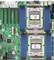 Eine grüne Computermotherboard mit zwei großen CPU-Sockel, mehreren RAM-Steckplätzen, die mit blauen Kühlkörpern bestückt sind, und verschiedenen Anschlüssen und Ports.