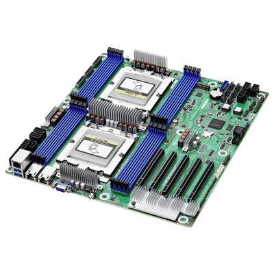 Eine Computermotherboard mit zwei CPU-Sockel mit Kühlkörpern, blauen RAM-Steckplätzen, PCIe-Steckplätzen und verschiedenen Anschlüssen für Daten und Strom.