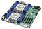 Eine Computermotherboard mit zwei CPU-Sockel mit Kühlkörpern, blauen RAM-Steckplätzen, PCIe-Steckplätzen und verschiedenen Anschlüssen für Daten und Strom.