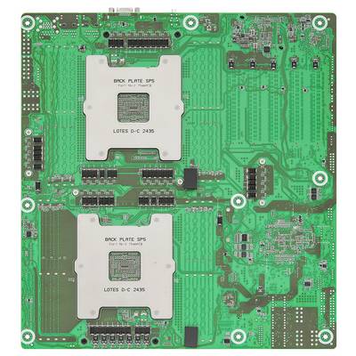 Eine grüne Computerplatine mit zwei CPU-Sockeln, mit dem Etikett "BACK PLATE SPS", umgeben von Schaltkreisen und Komponenten.