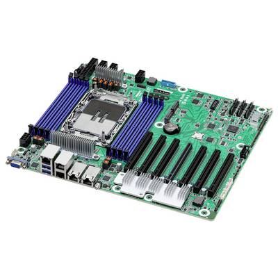Eine Computerplatine mit einem CPU-Sockel, mehreren RAM-Steckplätzen, PCIe-Steckplätzen, Anschlüssen und Kühlkörpern auf einer Leiterplatte.