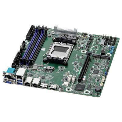 Eine grüne Computermotherboard mit verschiedenen Steckplätzen, Anschlüssen und Schaltkreisen, darunter RAM-Steckplätze, ein CPU-Sockel und mehrere Anschlüsse.