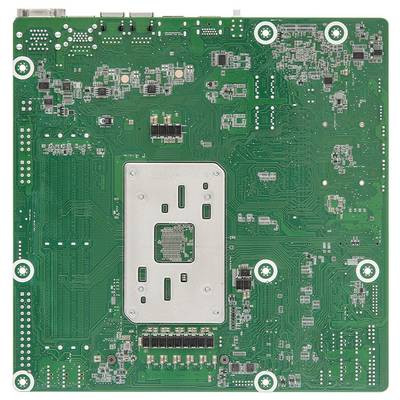 Eine grüne Leiterplatte mit verschiedenen elektronischen Komponenten, Anschlüssen und einem zentralen metallischen Kühlkörper.