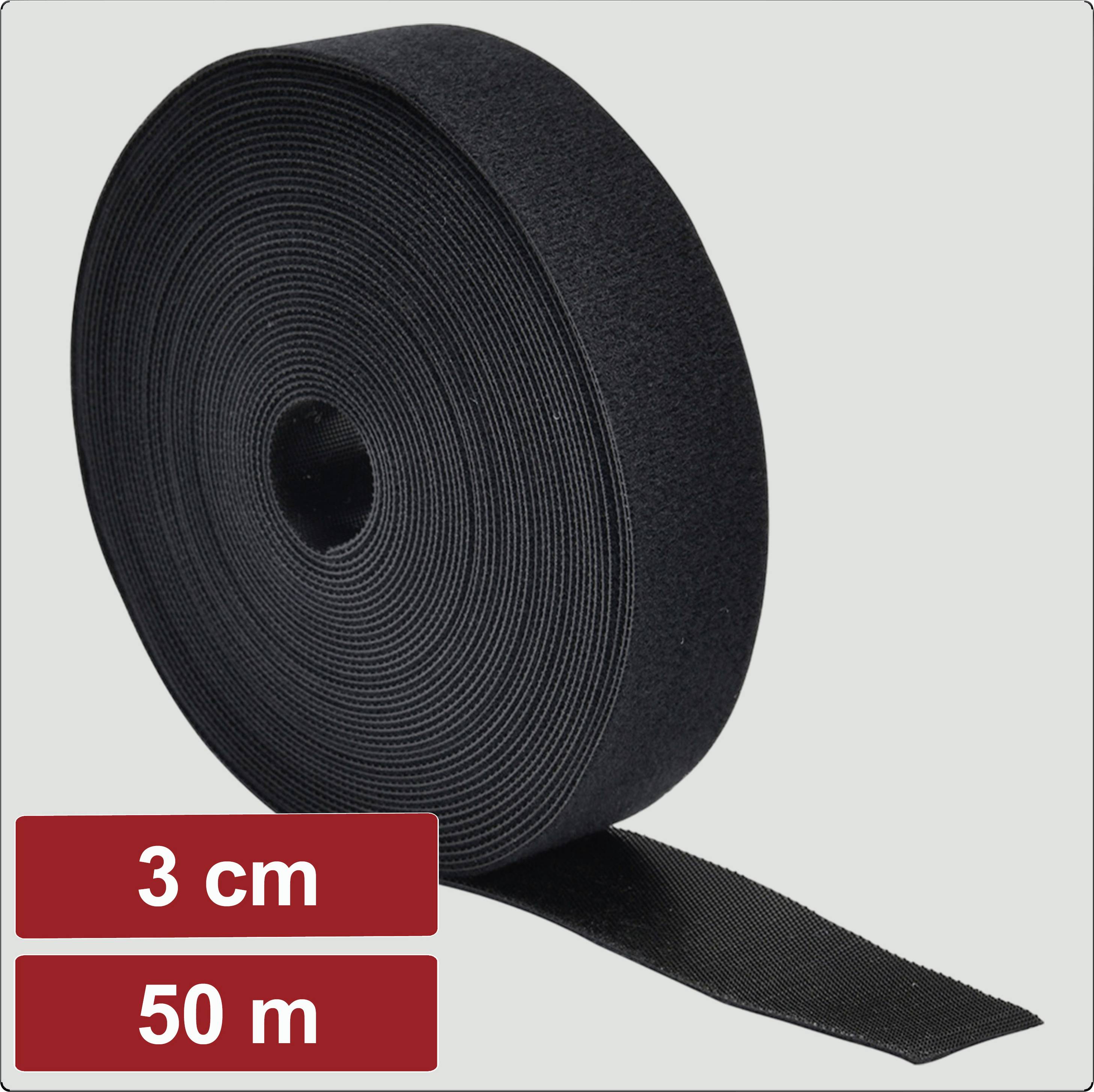 Eine schwarze Rolle Gewebeband, 3 cm breit und 50 Meter lang, wird vor einem neutralen Hintergrund präsentiert.